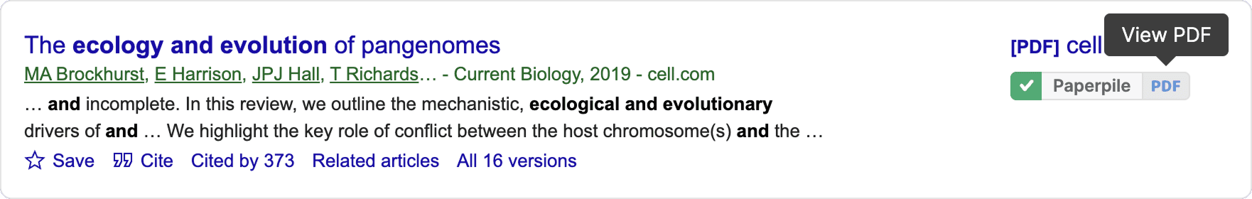 A Google Scholar result with a green ticked Paperpile button beside a PDF button carrying a “View PDF” tooltip, above the Save, Cite and “Cited by” links.